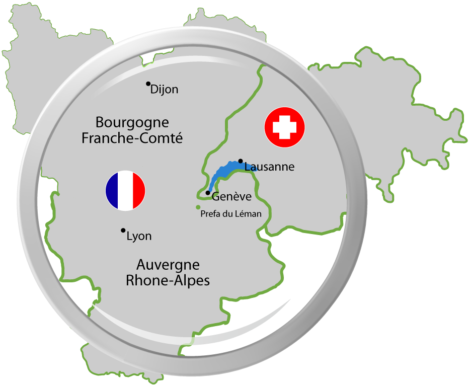 Carte de France et Suisse - Zone de chalandise Préfa du Léman